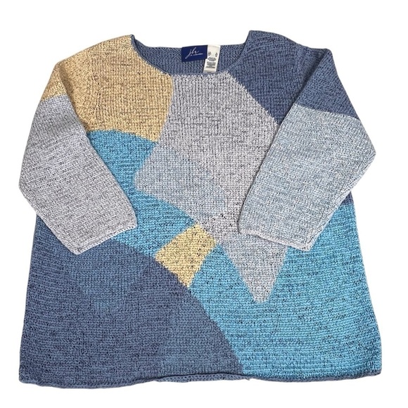 VTG J.H. COLLECTIBLES Blue Beige Color Block Long Sleeve Knit Sweater Top Sz XL - Picture 6 of 16